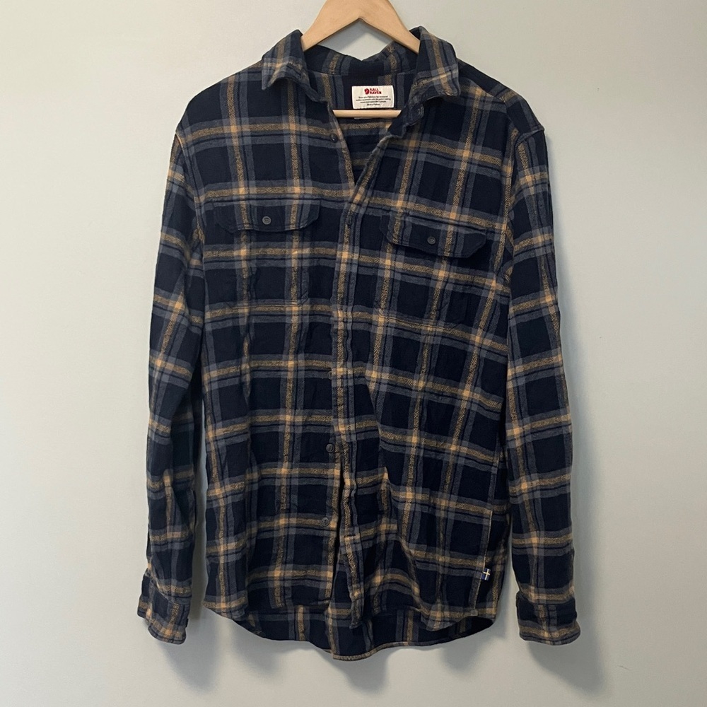 Fjallraven Blue and Tan Flannel Comfort Fit Plaid Button-Up Shirt